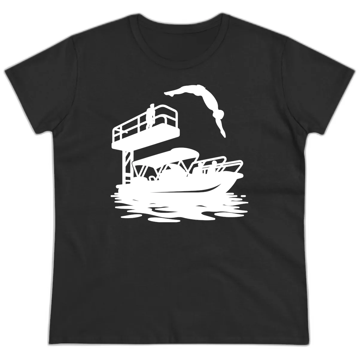 Diver Over Pontoon Boat Ladies Tee in Black