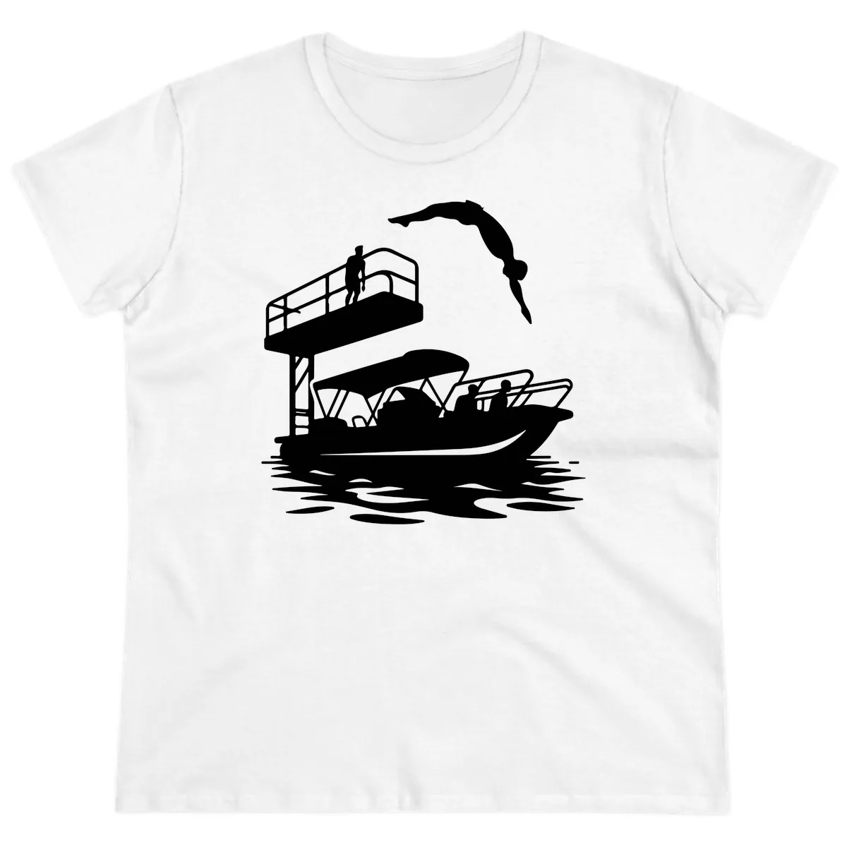 Diver Over Pontoon Boat Ladies Tee in White