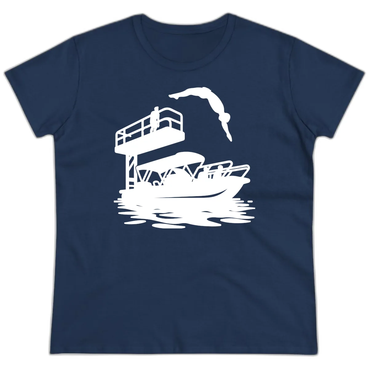 Diver Over Pontoon Boat Ladies Tee in Navy
