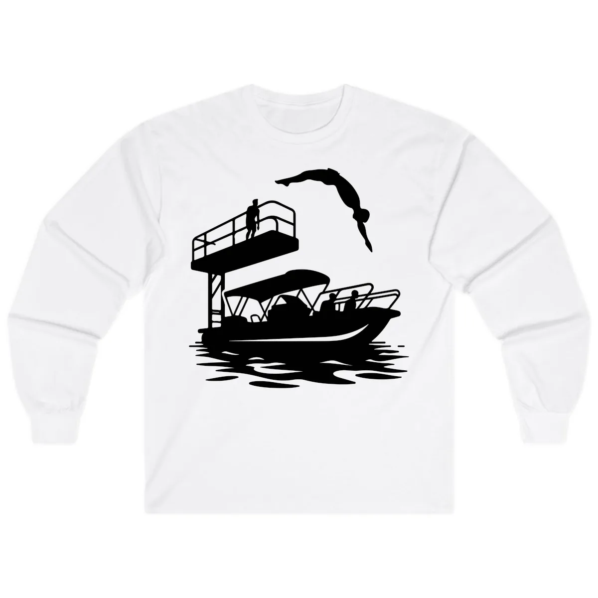 Diver Over Pontoon Boat Long Sleeve in White