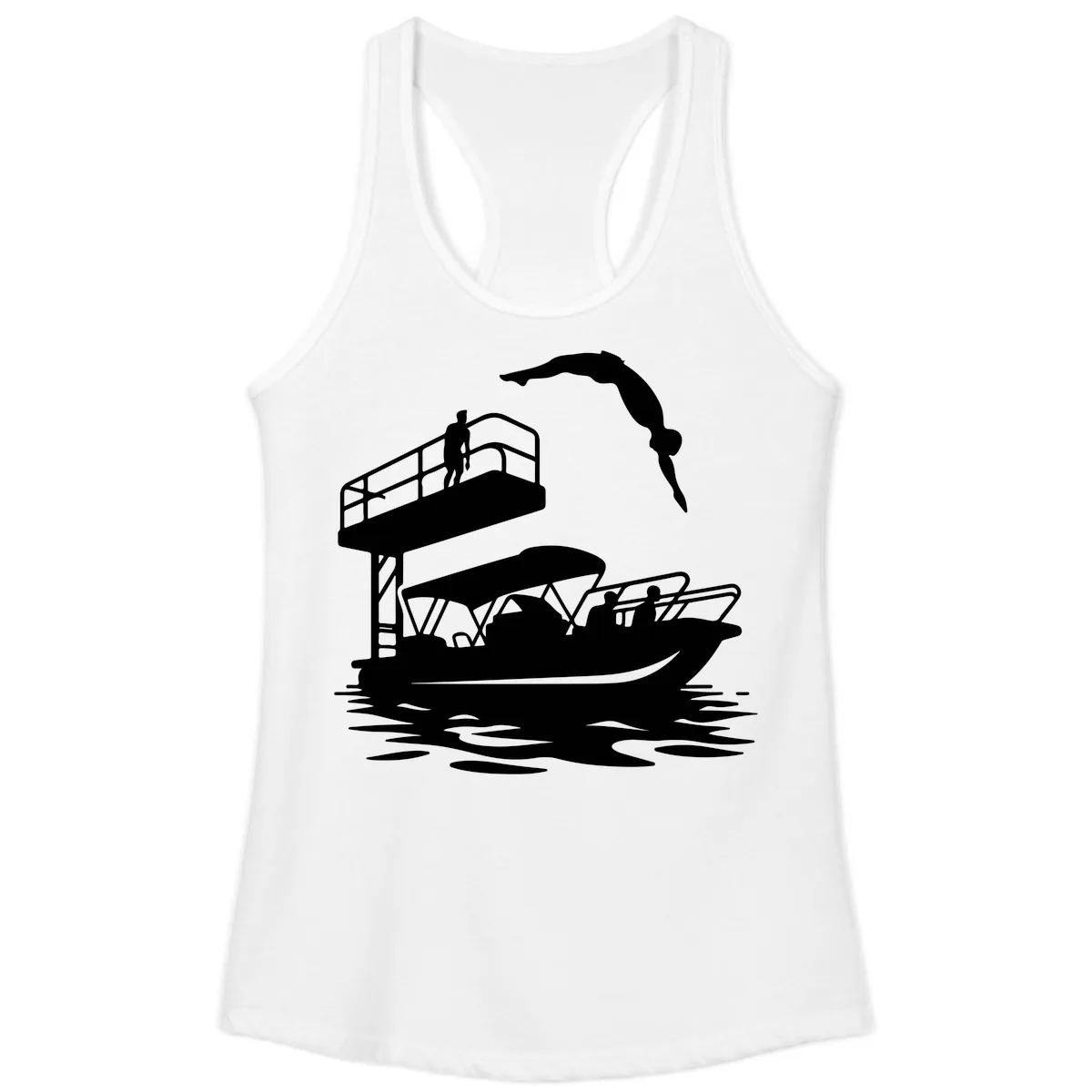 Diver Over Pontoon Boat Ladies Tank in White