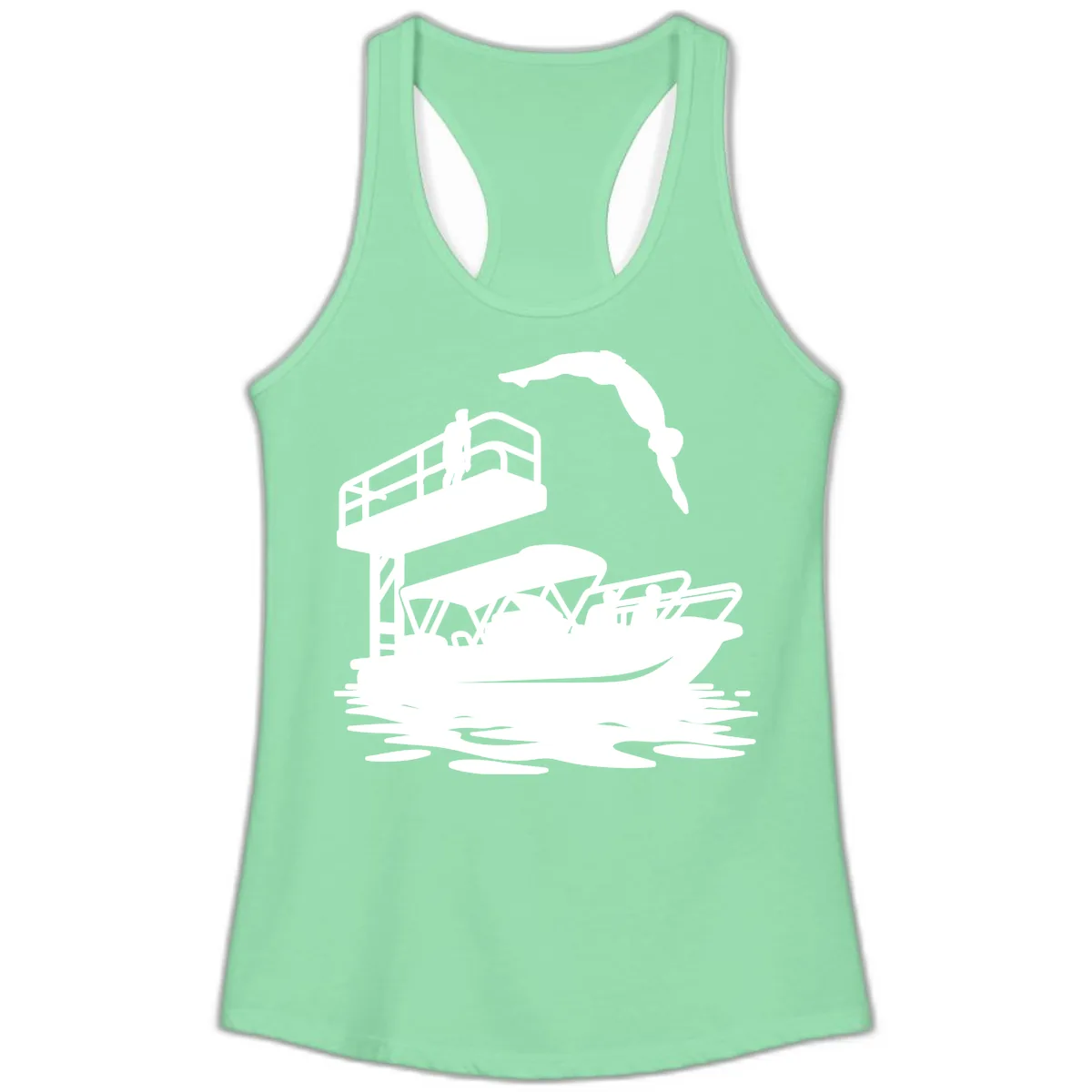 Diver Over Pontoon Boat Ladies Tank in Solid Mint