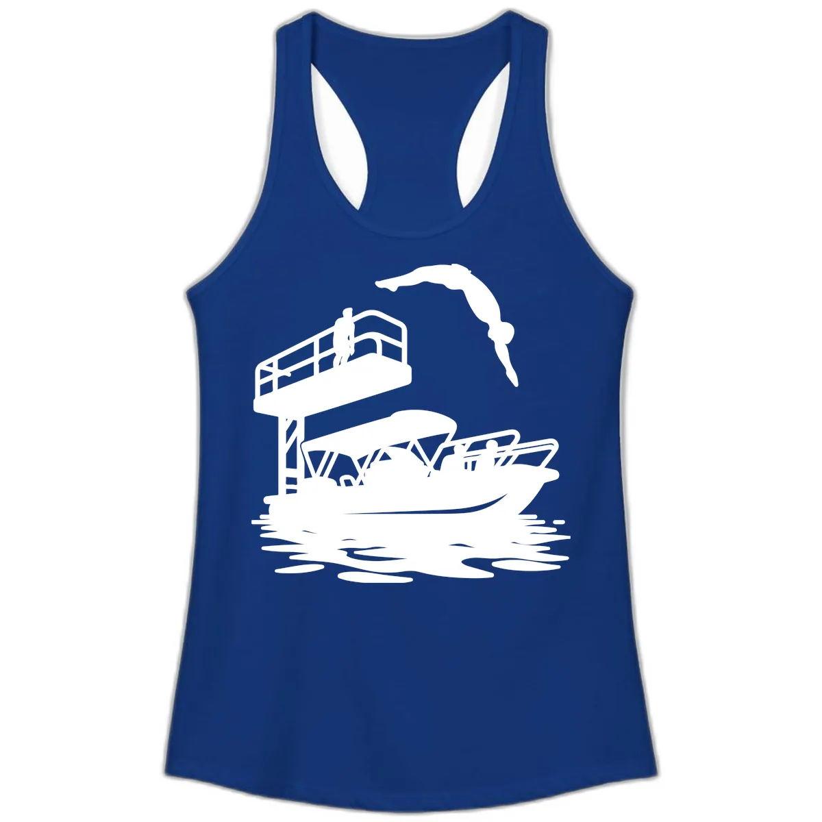 Diver Over Pontoon Boat Ladies Tank in Solid Royal