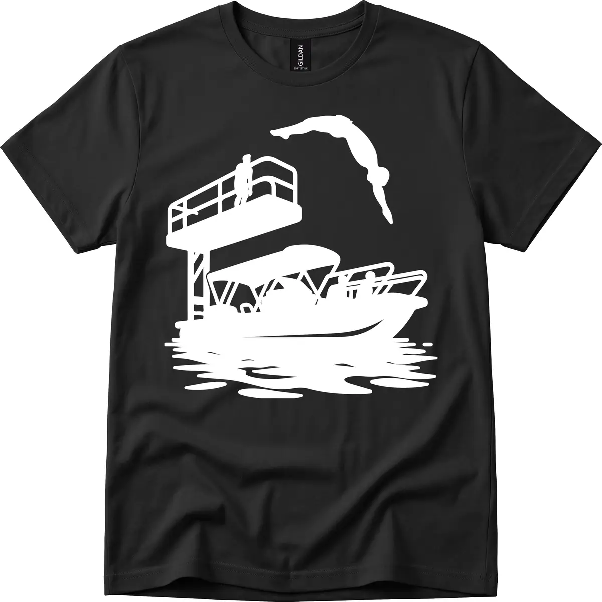 Diver Over Pontoon Boat T-Shirt in Black