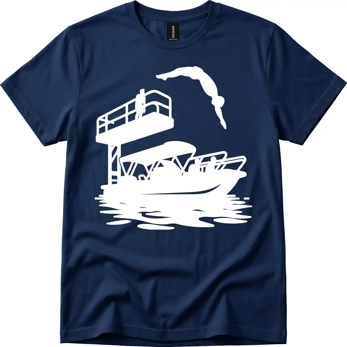 Diver Over Pontoon Boat T-Shirt in Navy
