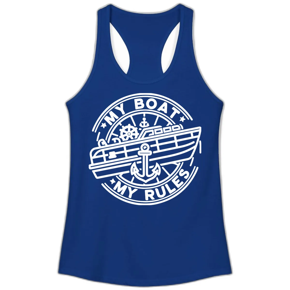 My Boat My Rules Nautical Stamp Ladies Tank in Solid Royal