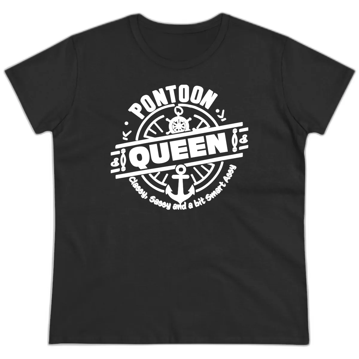 Pontoon Queen Nautical Design Ladies Tee in Black
