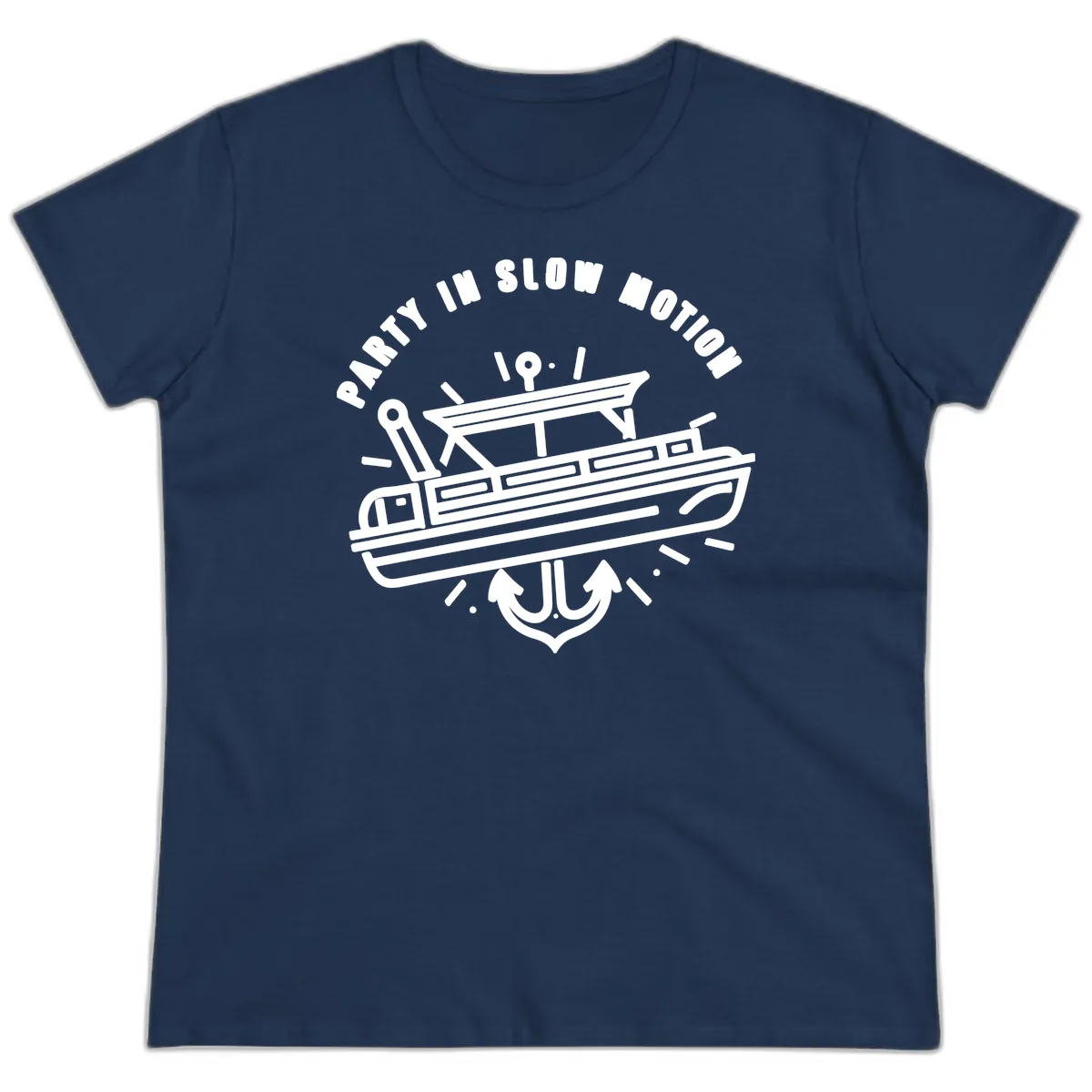 Party In Slow Motion Pontoon Design Ladies Tee in Navy