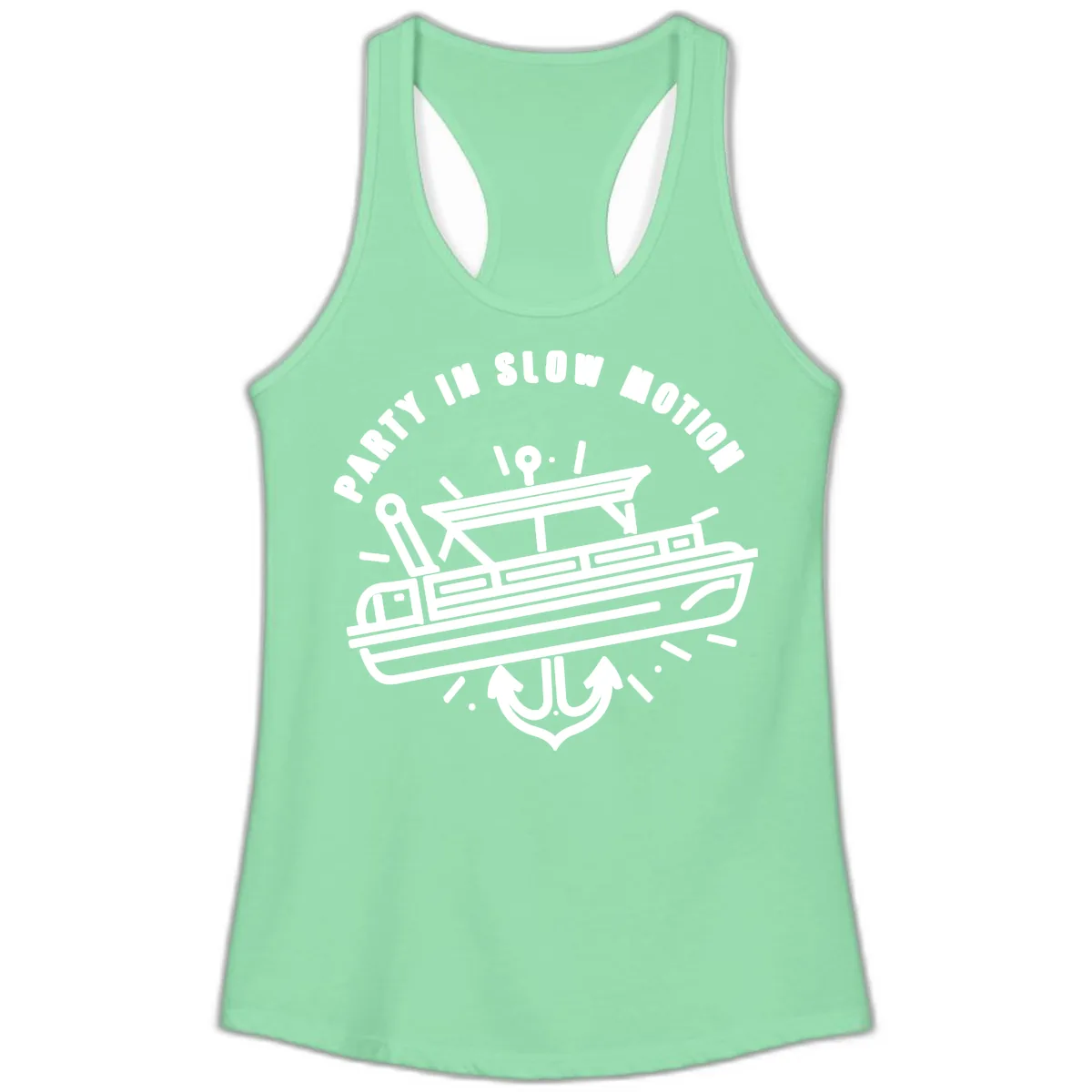 Party In Slow Motion Pontoon Design Ladies Tank in Solid Mint
