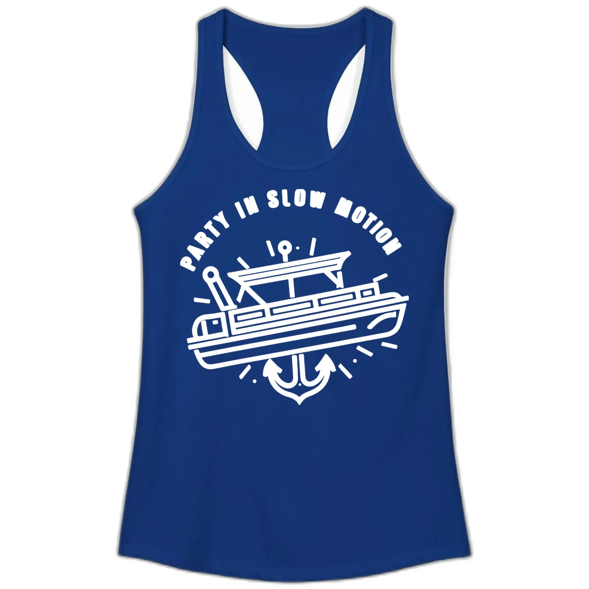 Party In Slow Motion Pontoon Design Ladies Tank in Solid Royal