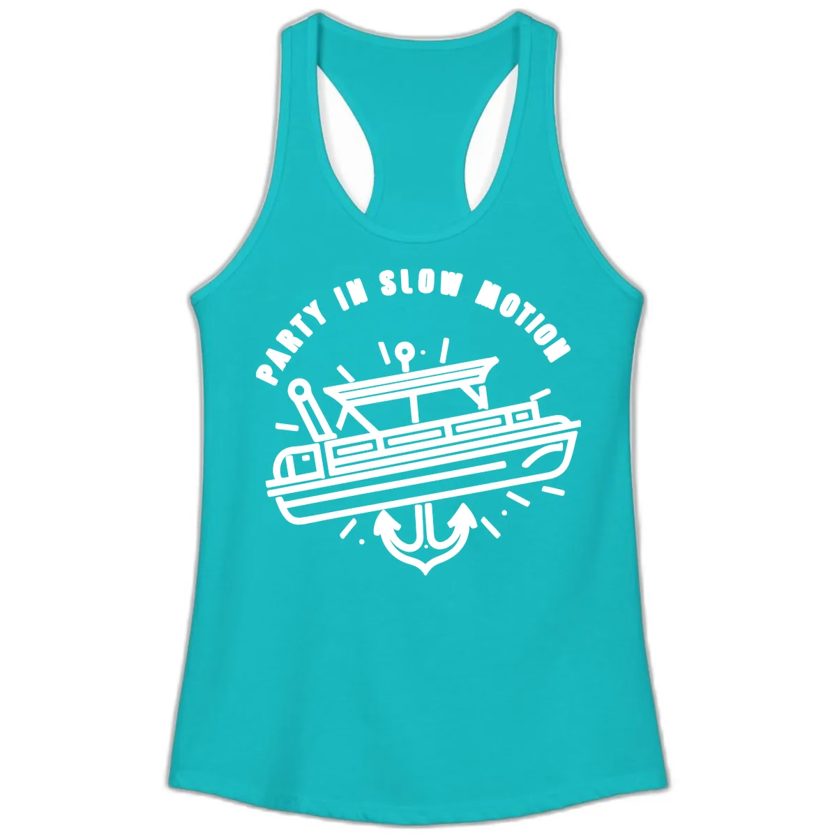 Party In Slow Motion Pontoon Design Ladies Tank in Tahiti Blue