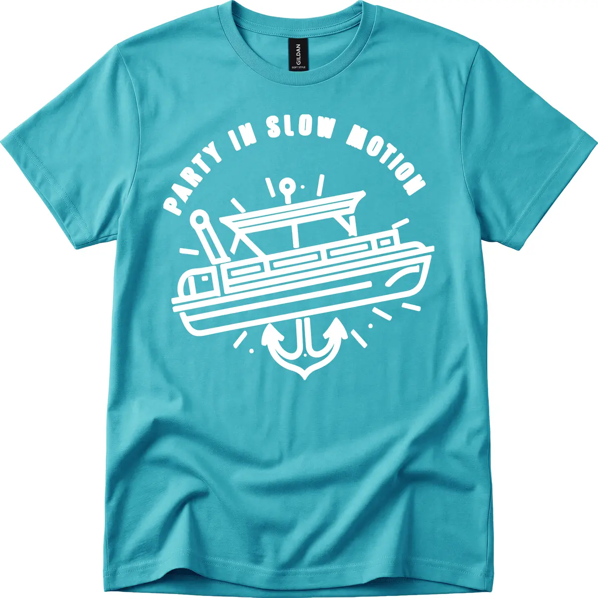 Party In Slow Motion Pontoon Design T-Shirt in Tropical Blue
