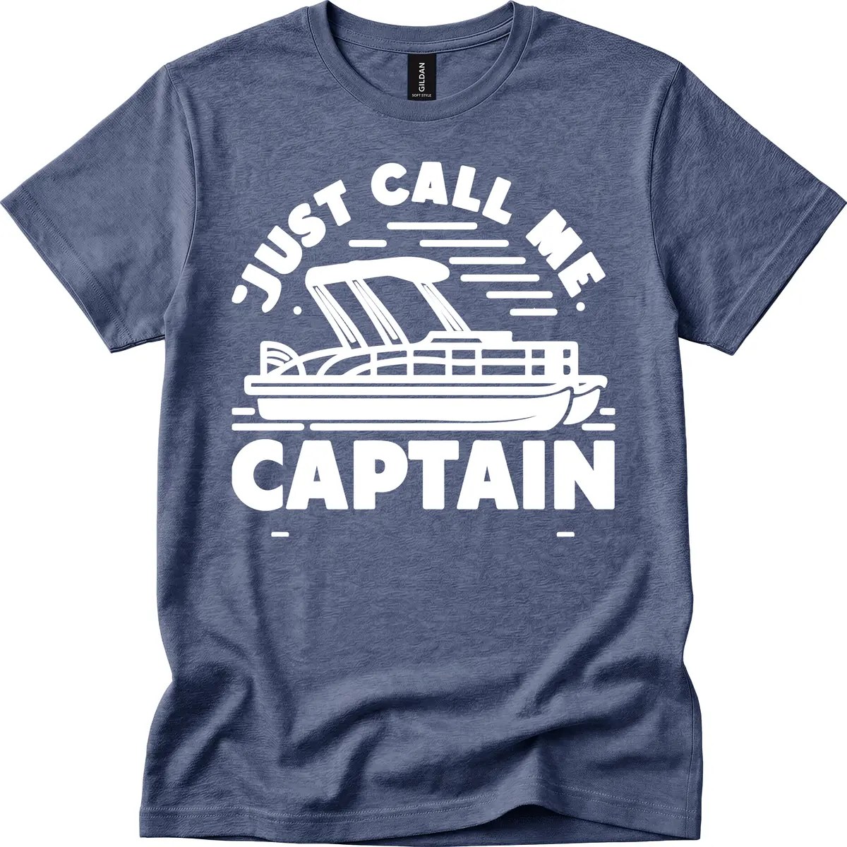 Just Call Me Captain Pontoon Boat Design T-Shirt in Heather Navy