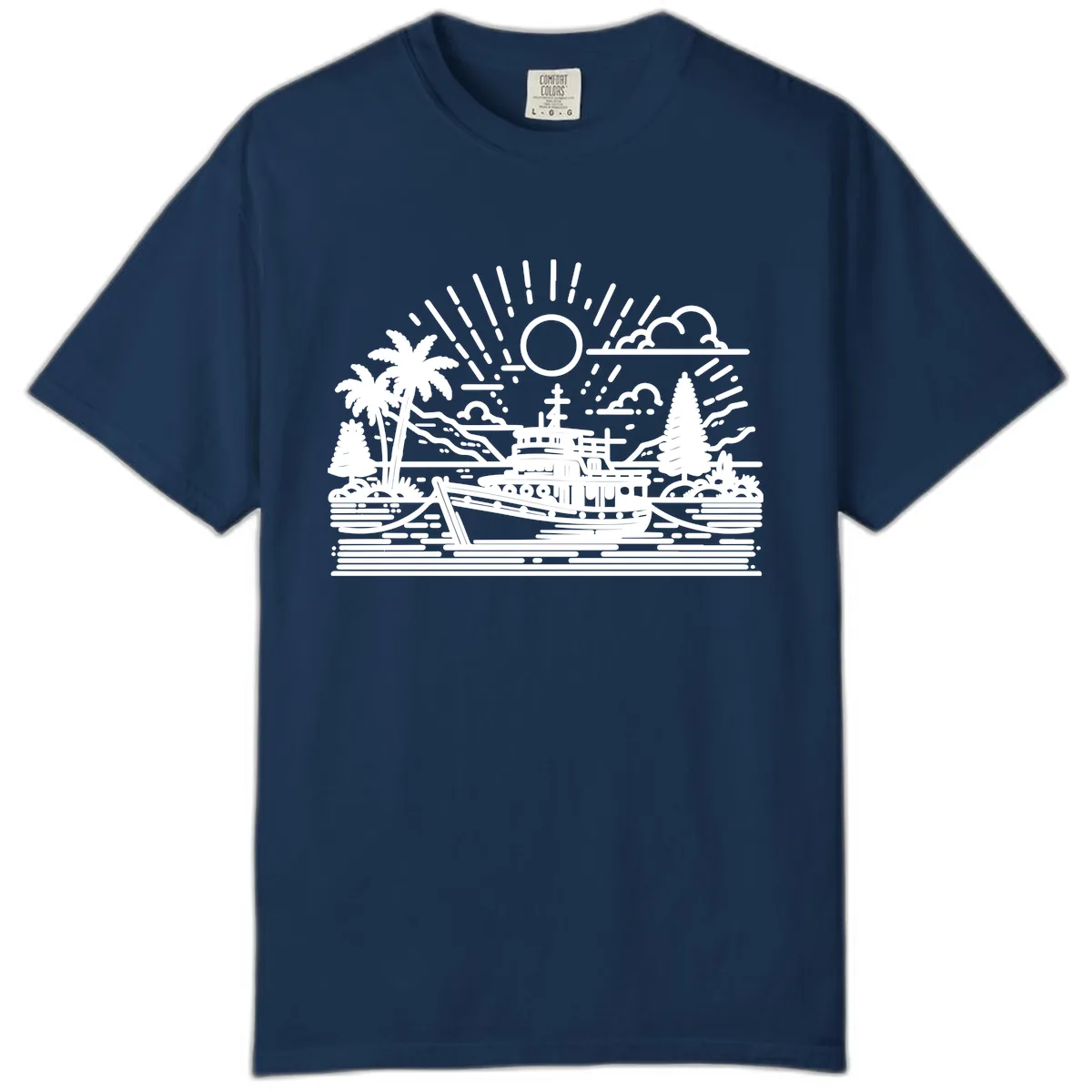Tropical Boat Paradise Scene Comfort Color in Navy