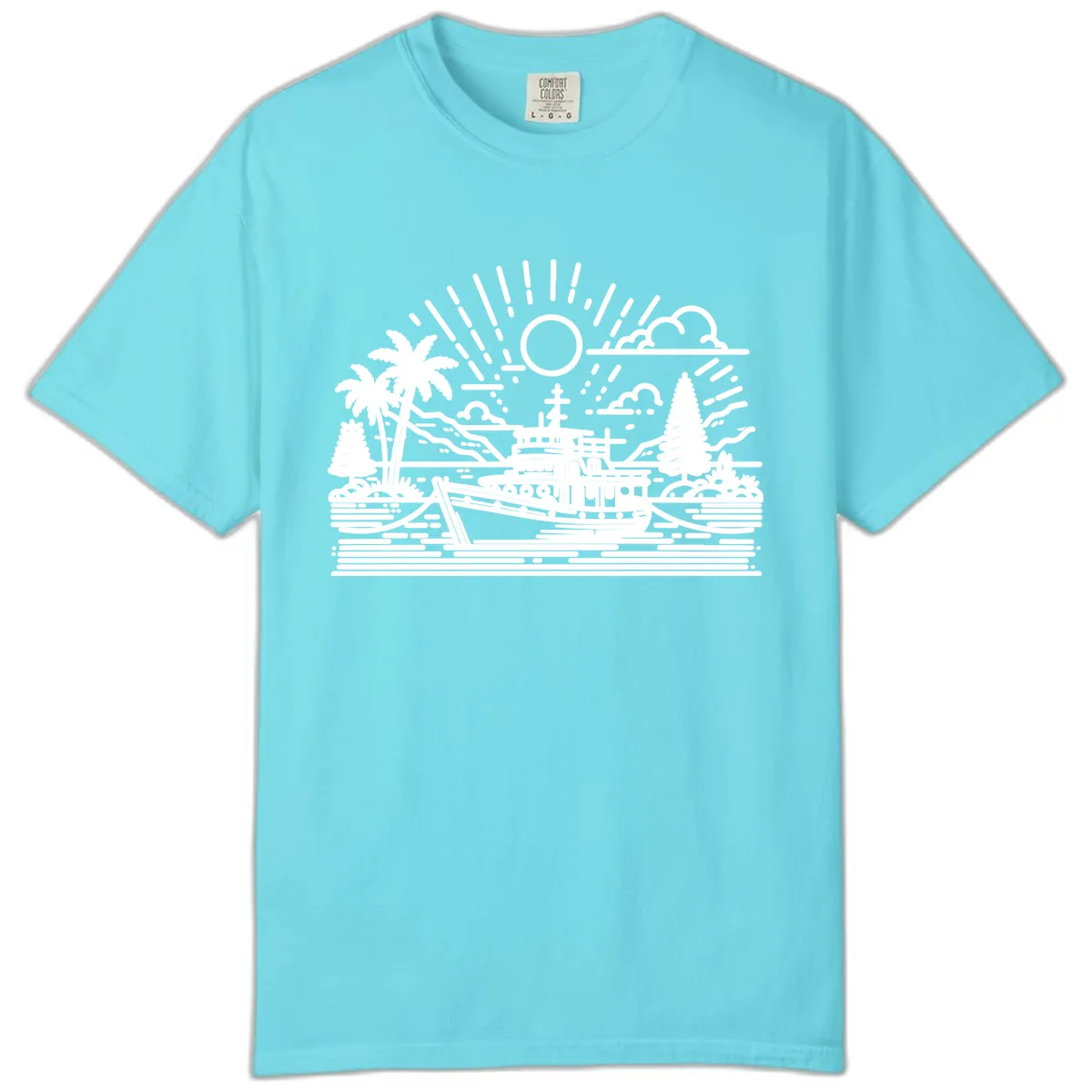 Tropical Boat Paradise Scene Comfort Color in Lagoon Blue