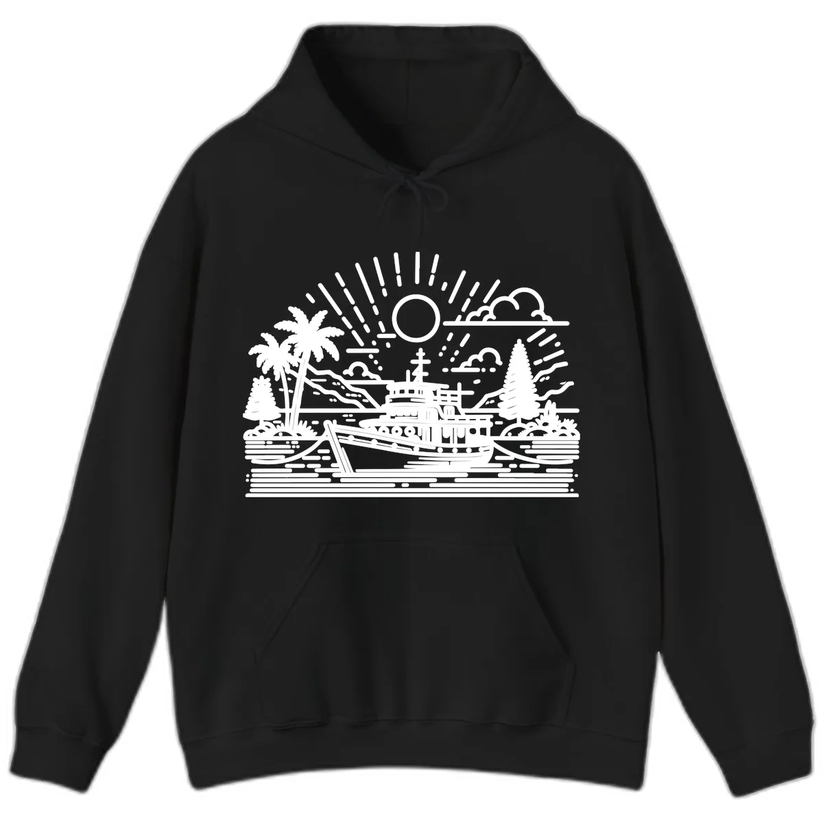 Tropical Boat Paradise Scene Hoodie in Black