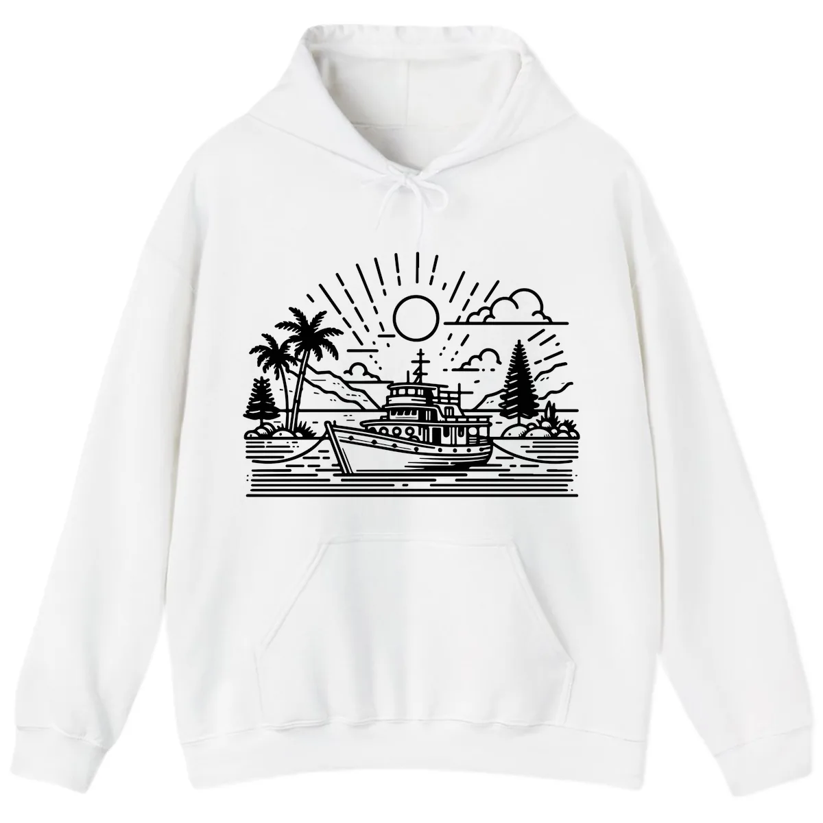 Tropical Boat Paradise Scene Hoodie in White