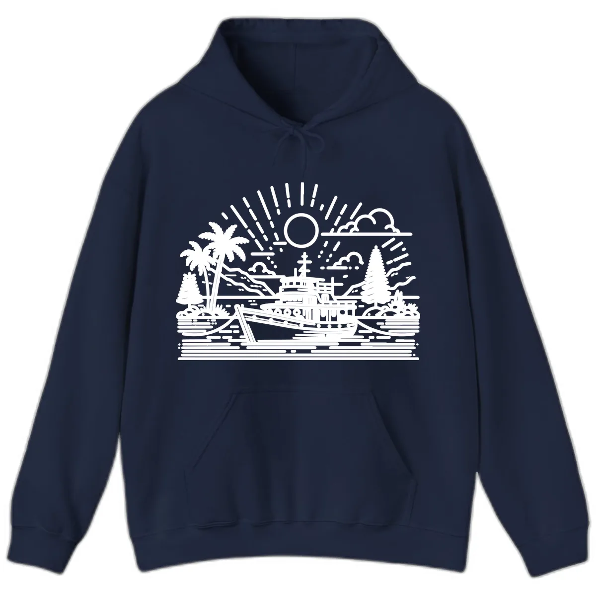Tropical Boat Paradise Scene Hoodie in Navy