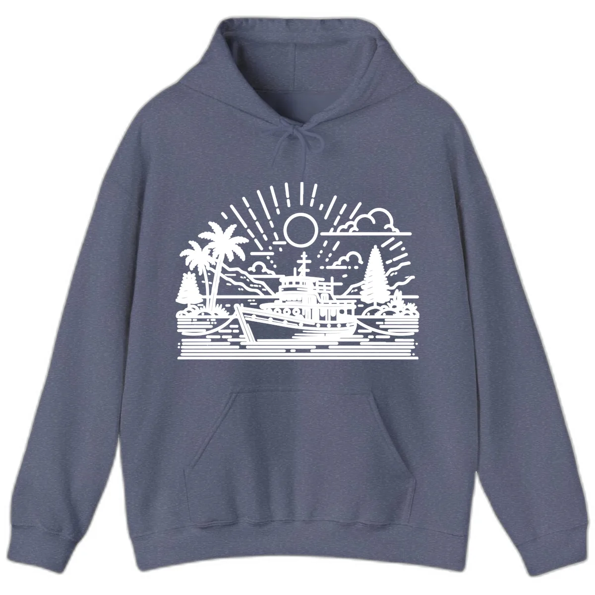 Tropical Boat Paradise Scene Hoodie in Heather Navy