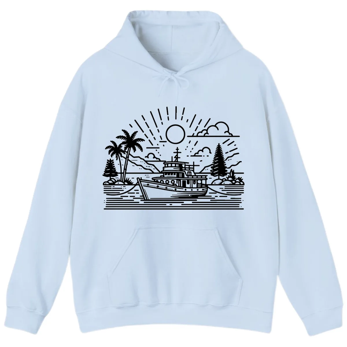 Tropical Boat Paradise Scene Hoodie in Light Blue