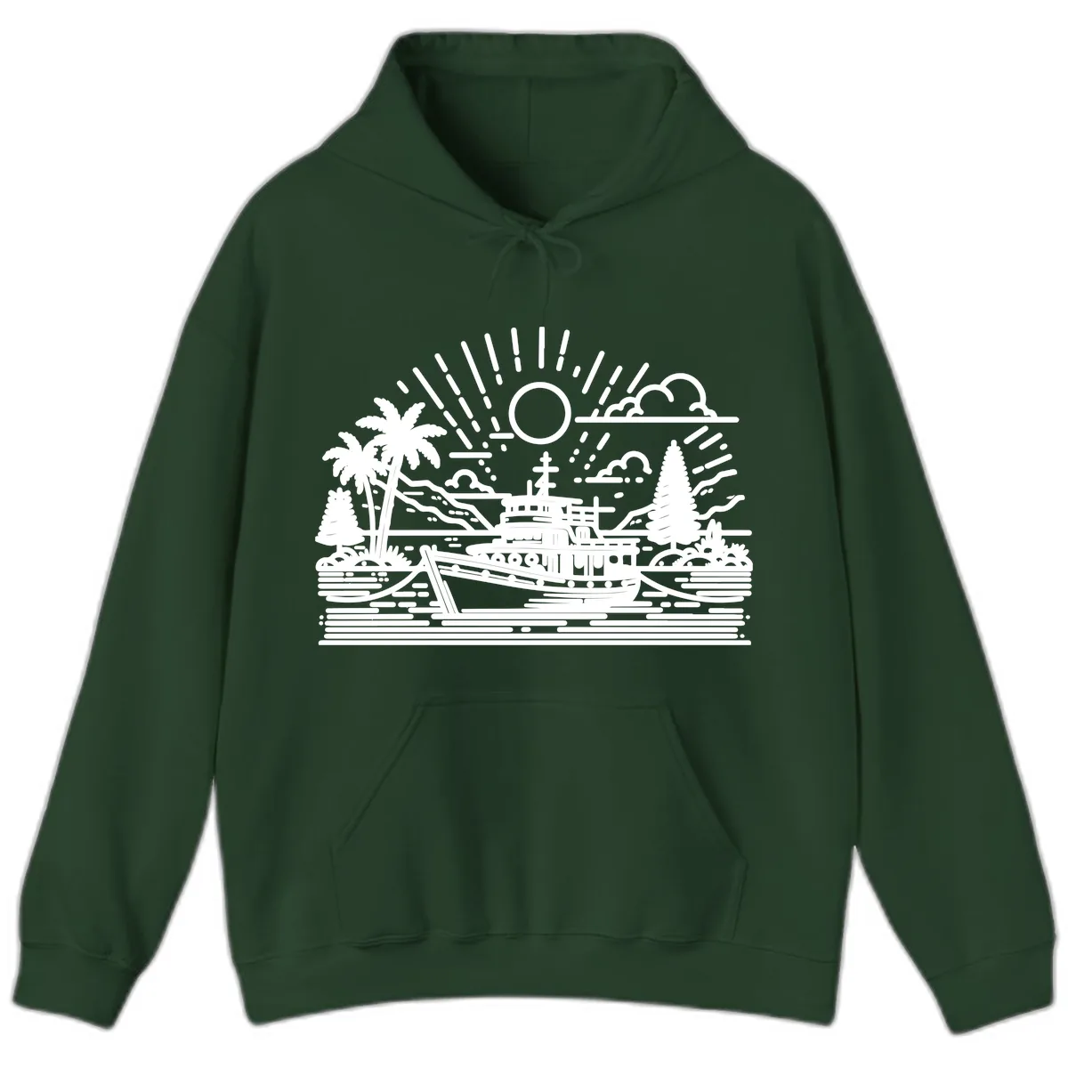Tropical Boat Paradise Scene Hoodie in Forest Green