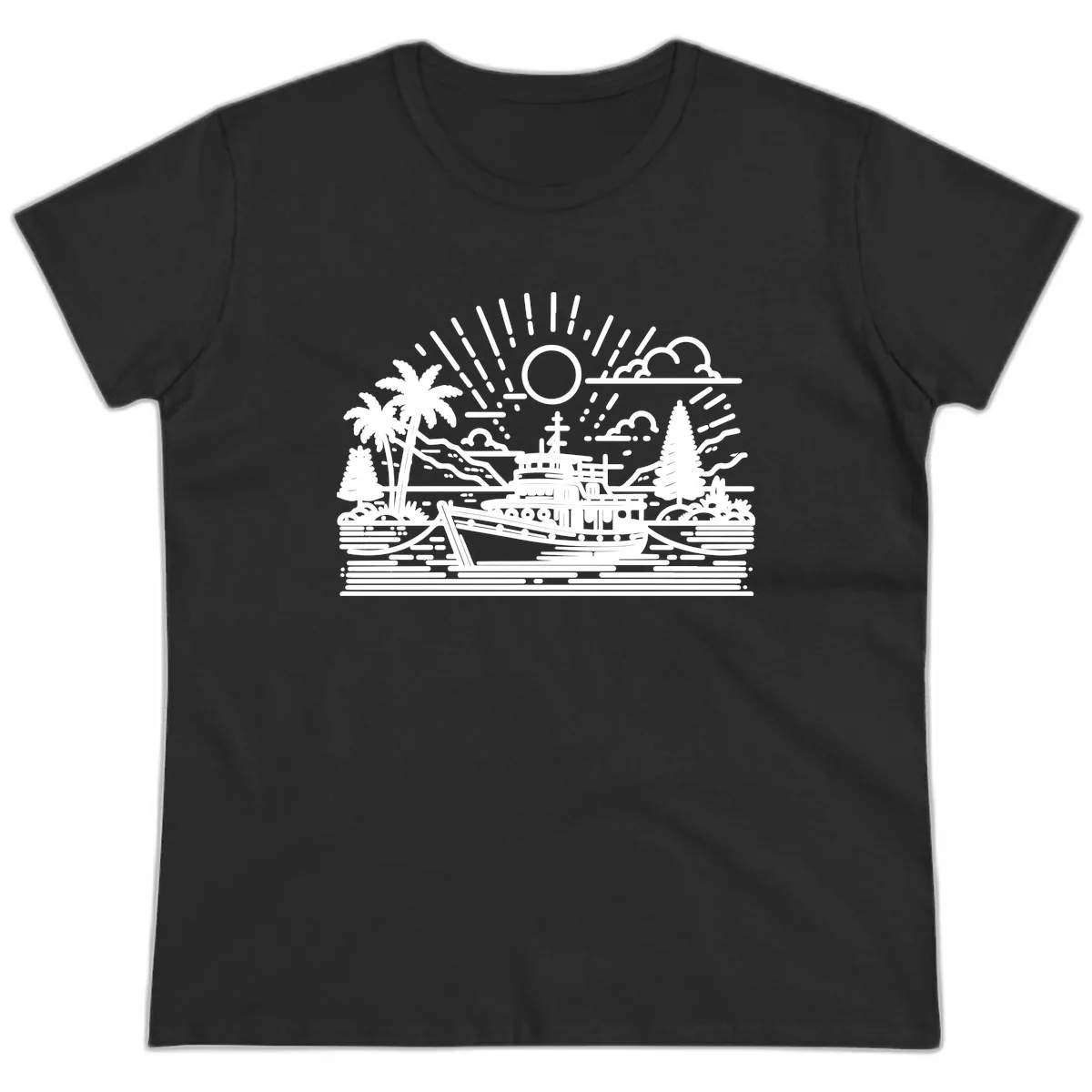 Tropical Boat Paradise Scene Ladies Tee in Black