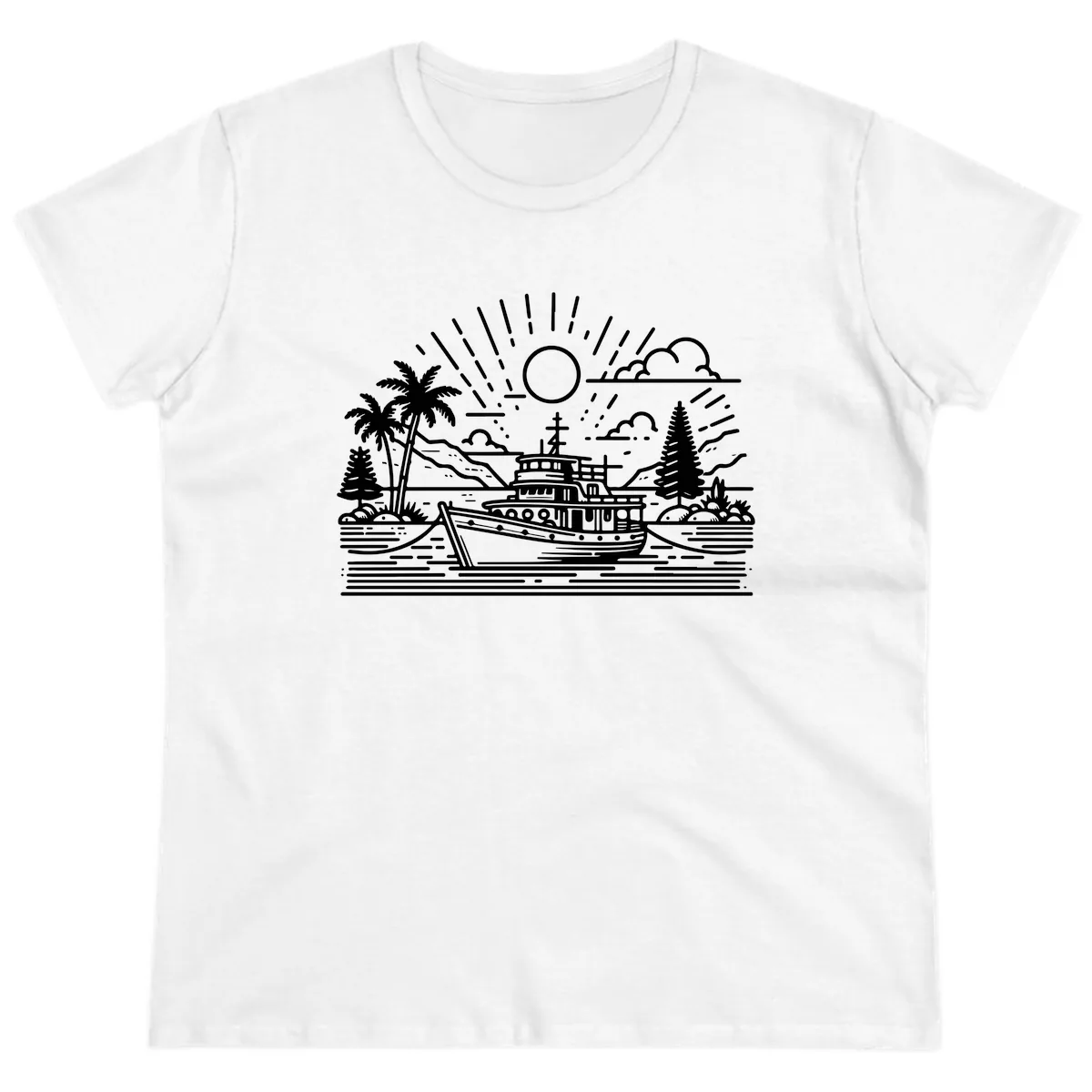 Tropical Boat Paradise Scene Ladies Tee in White
