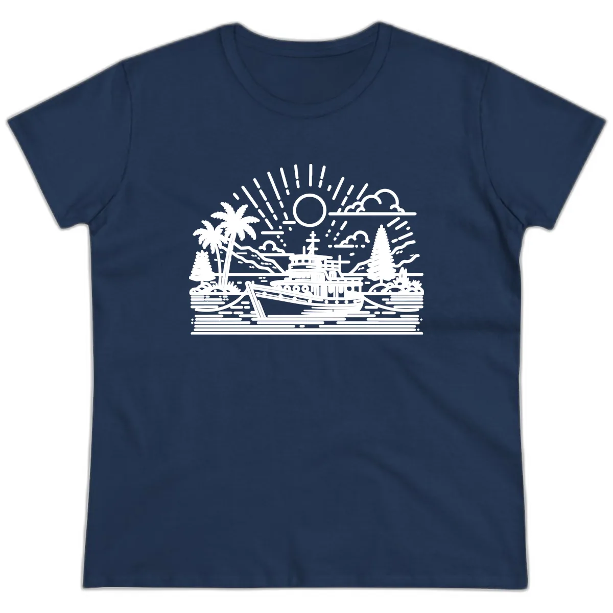 Tropical Boat Paradise Scene Ladies Tee in Navy