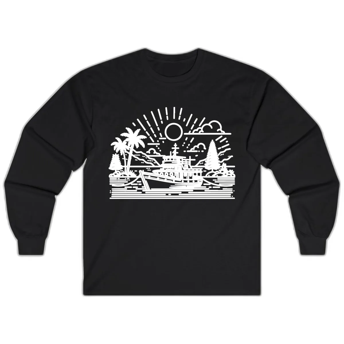 Tropical Boat Paradise Scene Long Sleeve in Black
