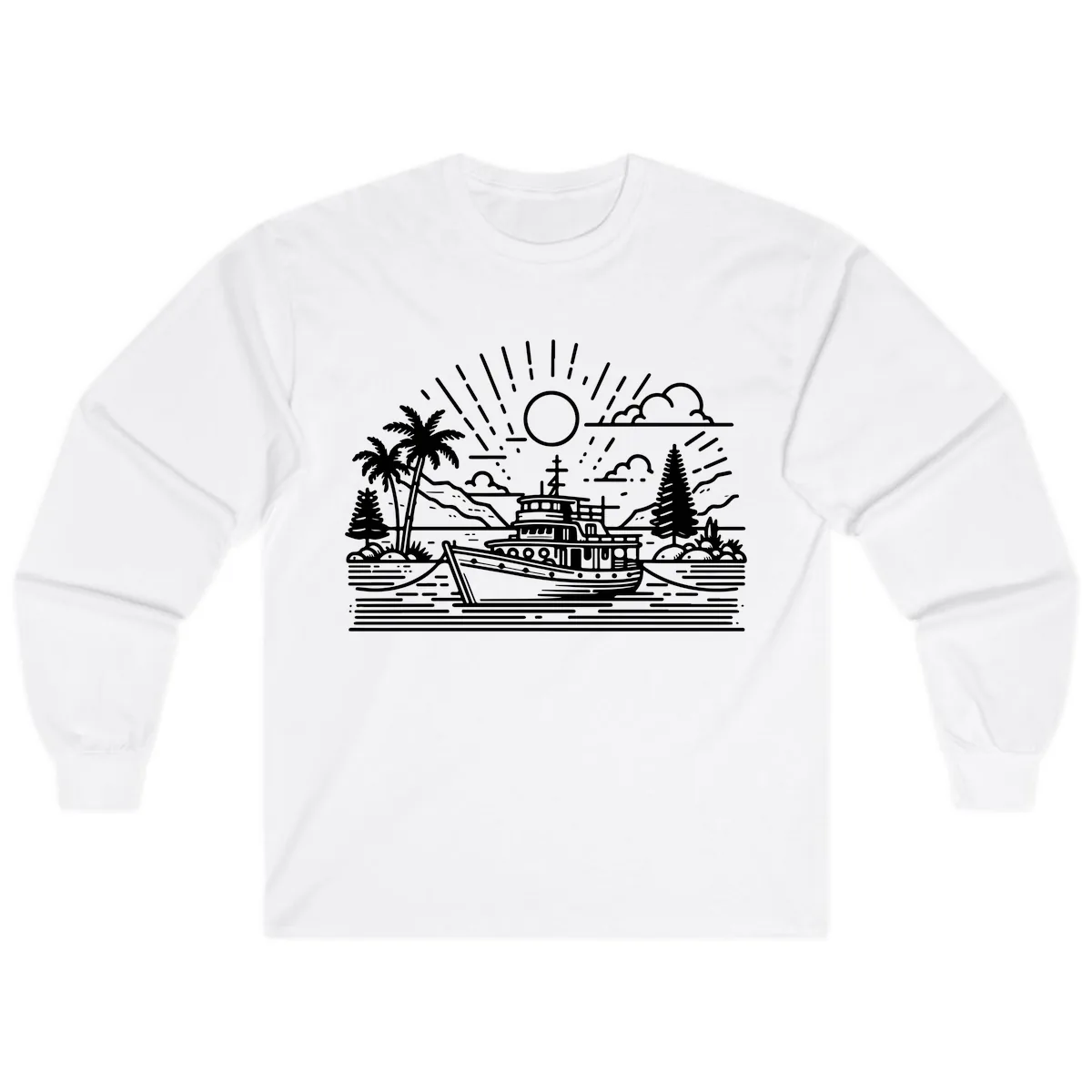 Tropical Boat Paradise Scene Long Sleeve in White