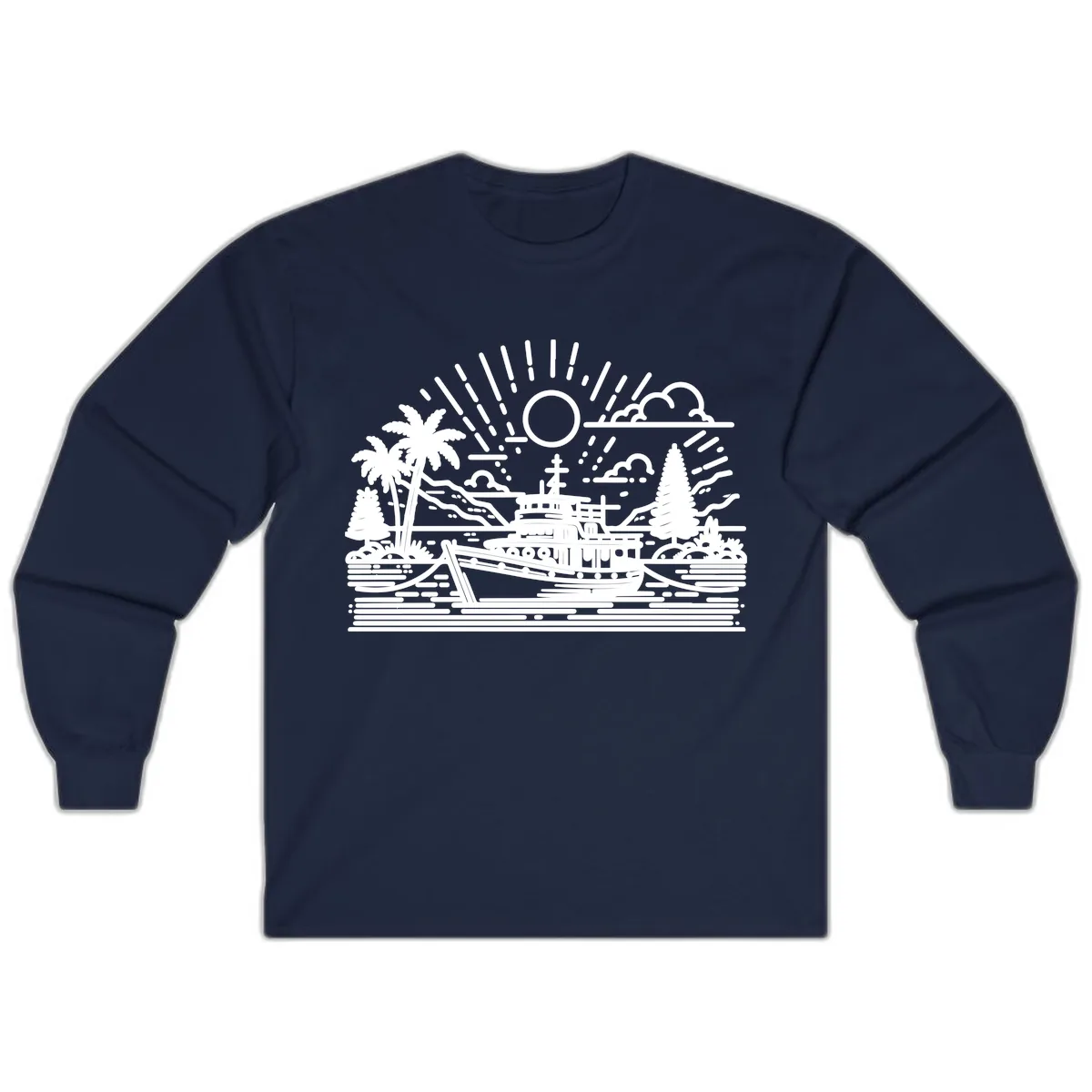Tropical Boat Paradise Scene Long Sleeve in Navy