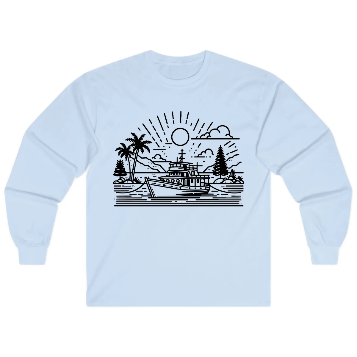 Tropical Boat Paradise Scene Long Sleeve in Light Blue