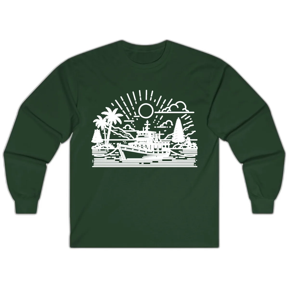 Tropical Boat Paradise Scene Long Sleeve in Forest Green