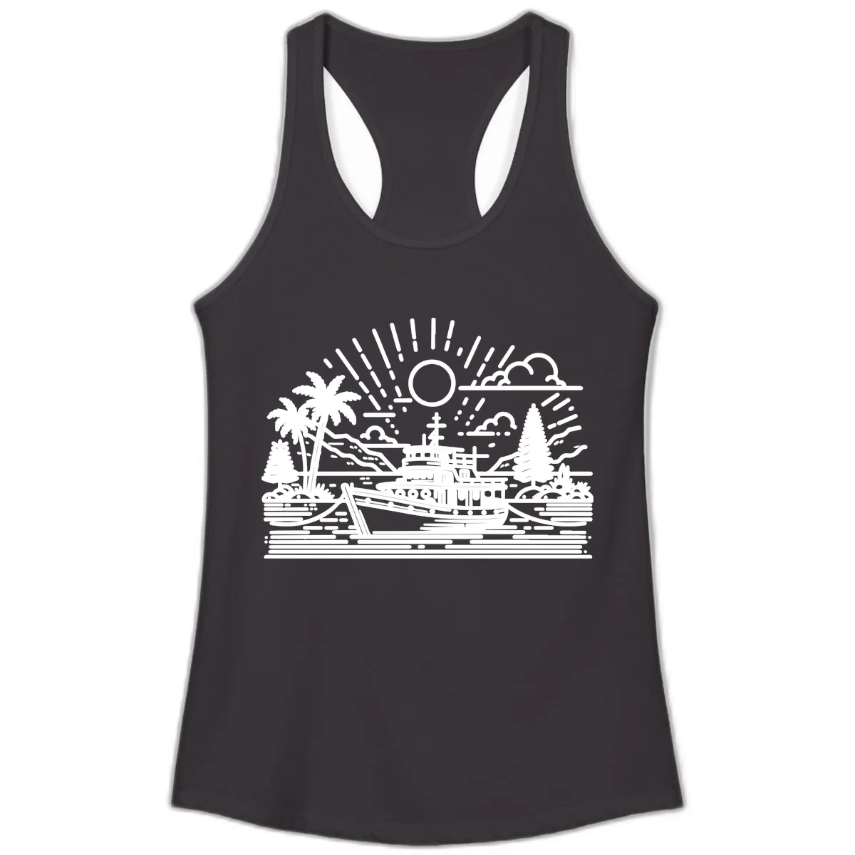 Tropical Boat Paradise Scene Ladies Tank in Black