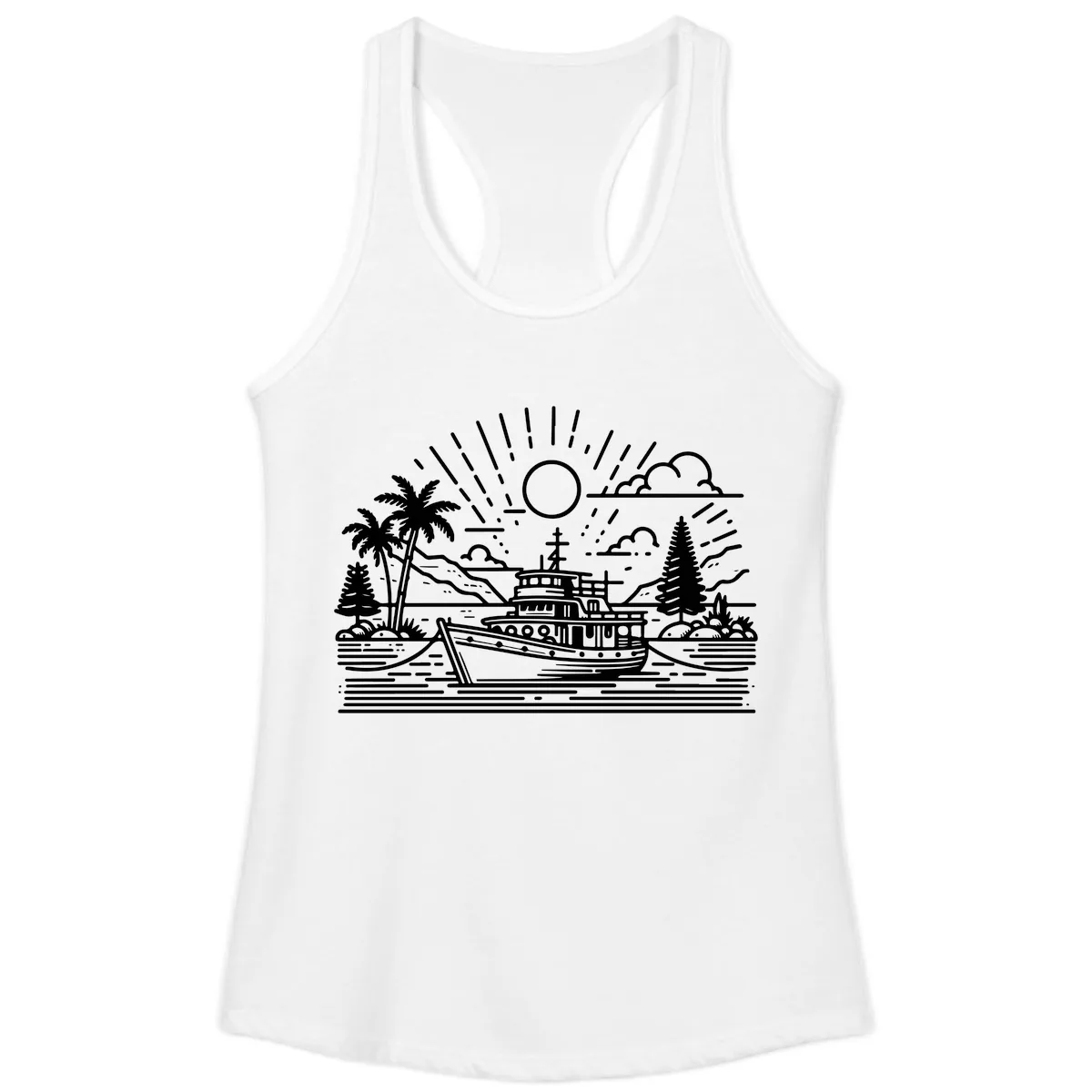 Tropical Boat Paradise Scene Ladies Tank in White