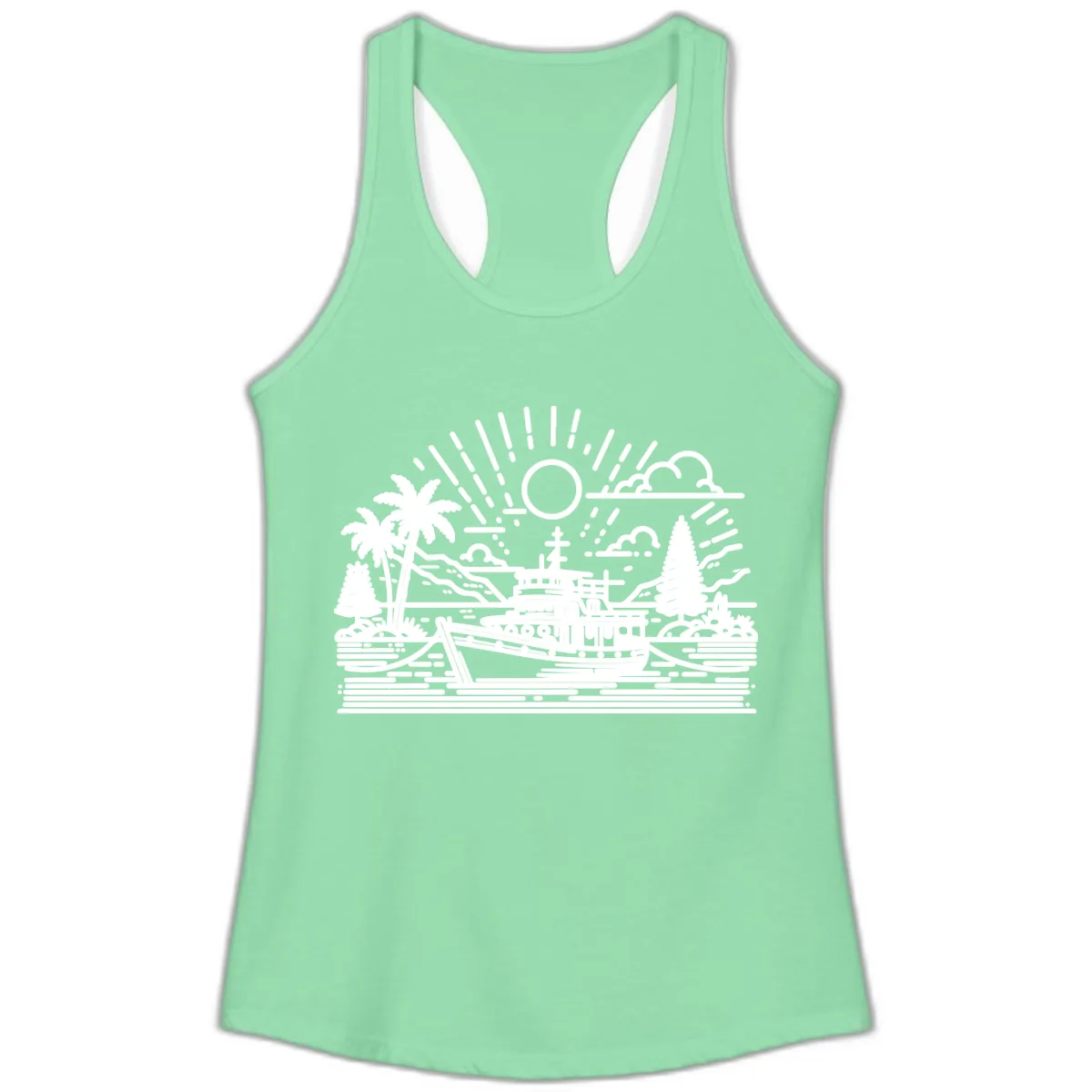 Tropical Boat Paradise Scene Ladies Tank in Solid Mint