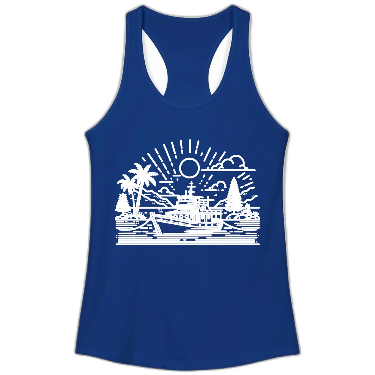 Tropical Boat Paradise Scene Ladies Tank in Solid Royal
