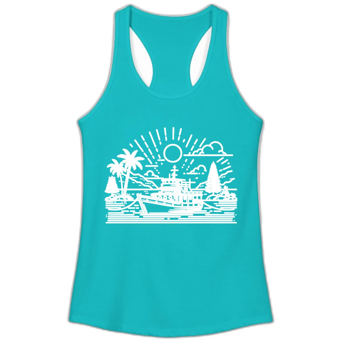 Tropical Boat Paradise Scene Ladies Tank in Tahiti Blue
