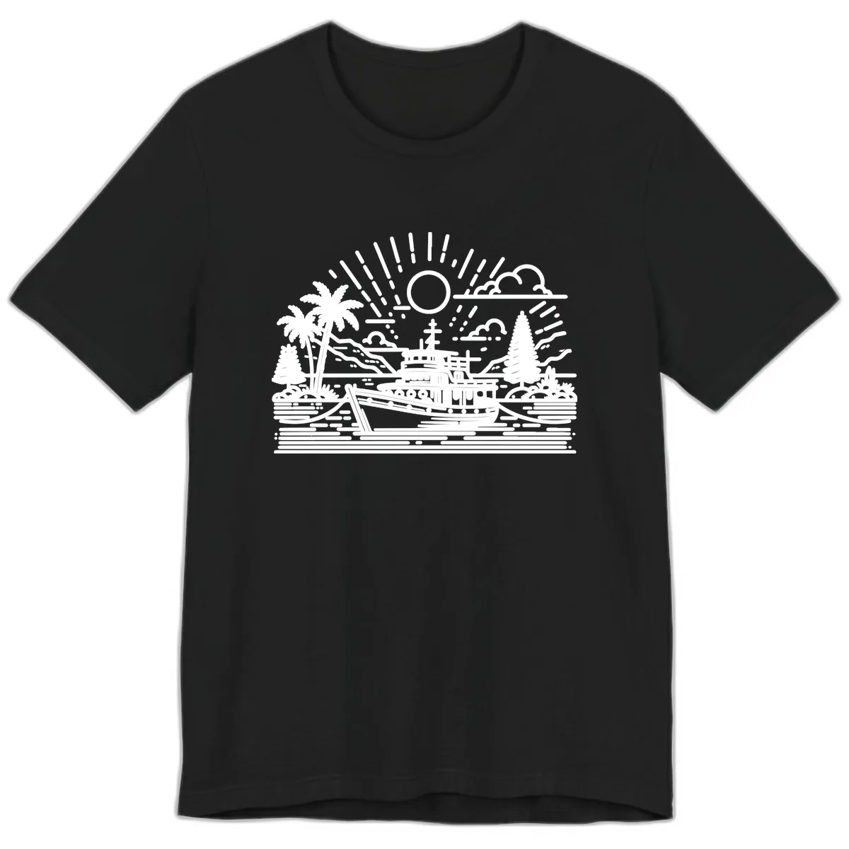 Tropical Boat Paradise Scene Premium T-Shirt in Black