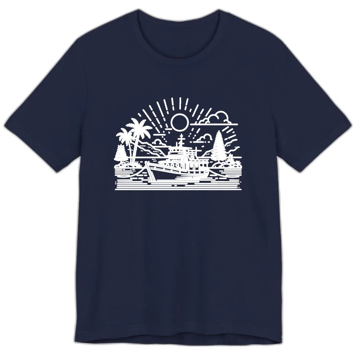 Tropical Boat Paradise Scene Premium T-Shirt in Navy