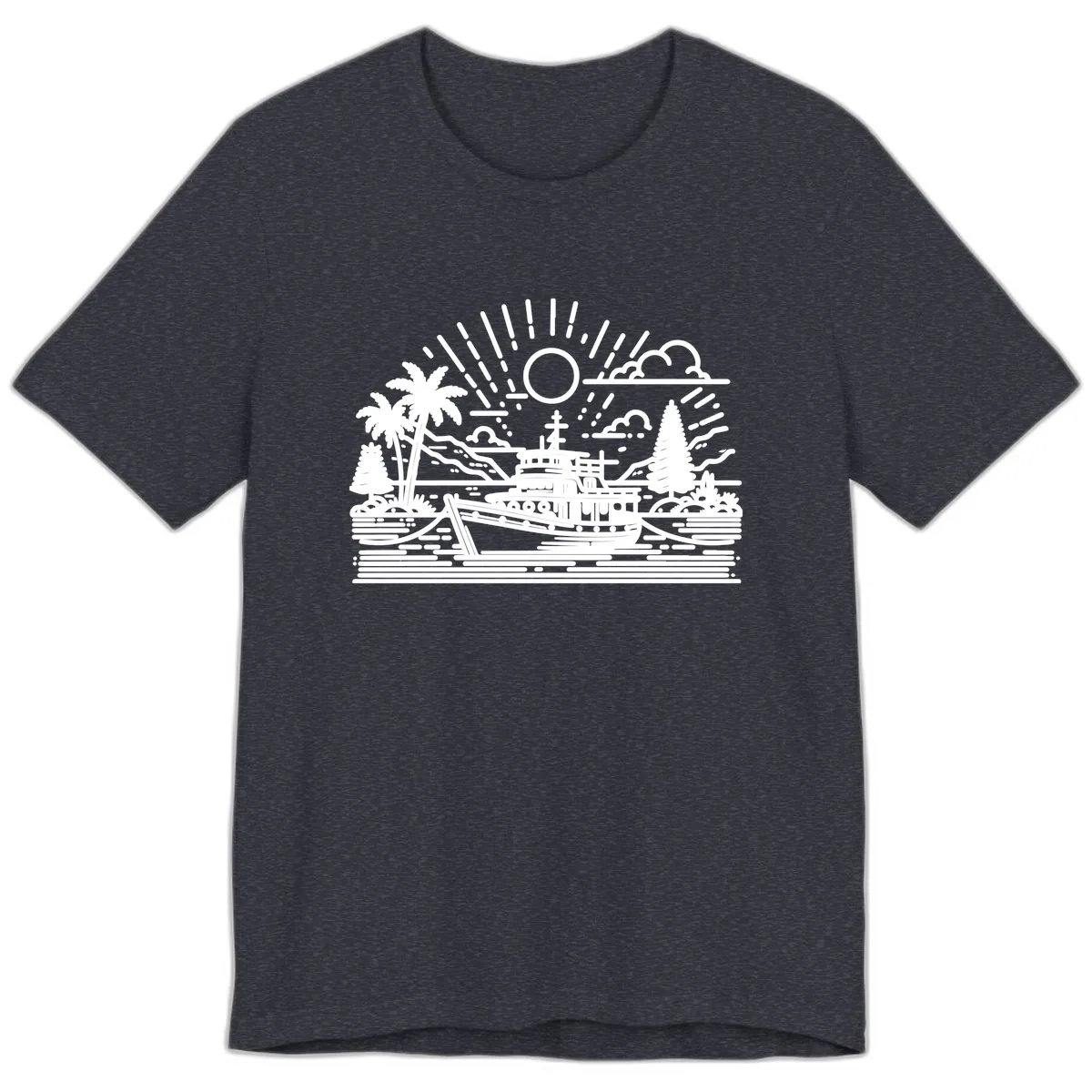 Tropical Boat Paradise Scene Premium T-Shirt in Heather Navy