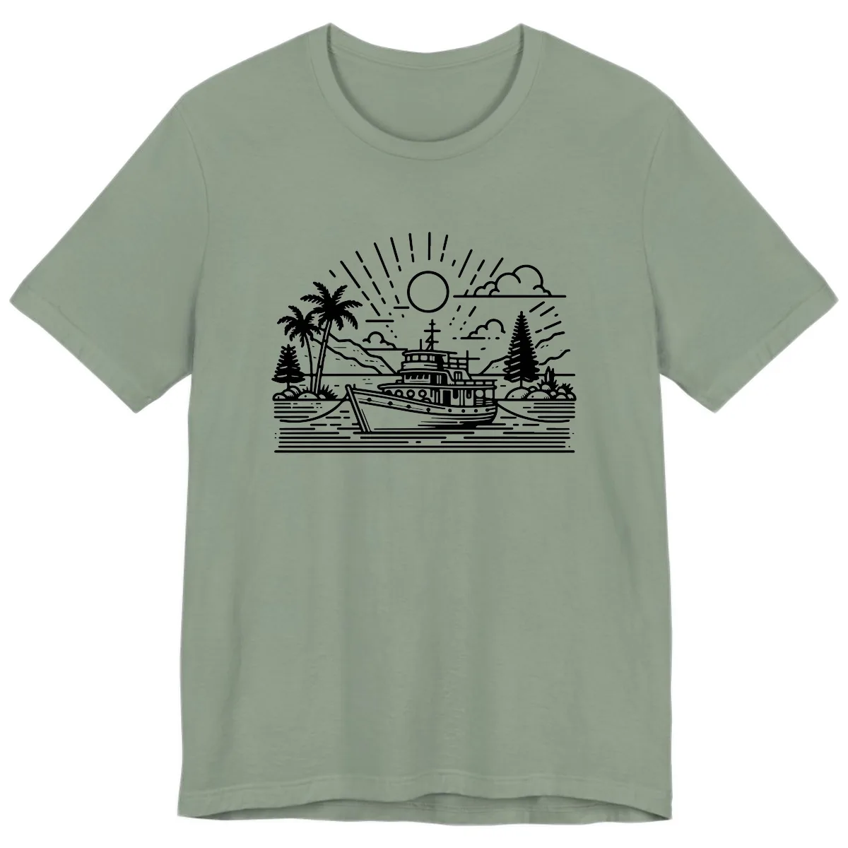 Tropical Boat Paradise Scene Premium T-Shirt in Sage