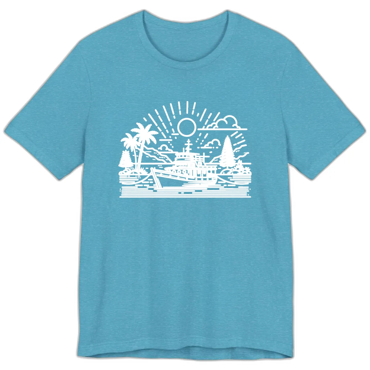 Tropical Boat Paradise Scene Premium T-Shirt in Heather Aqua