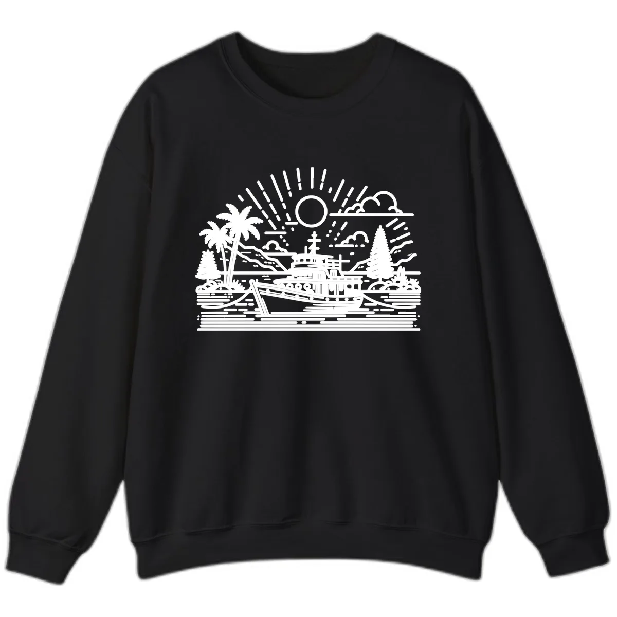 Tropical Boat Paradise Scene Sweatshirt in Black