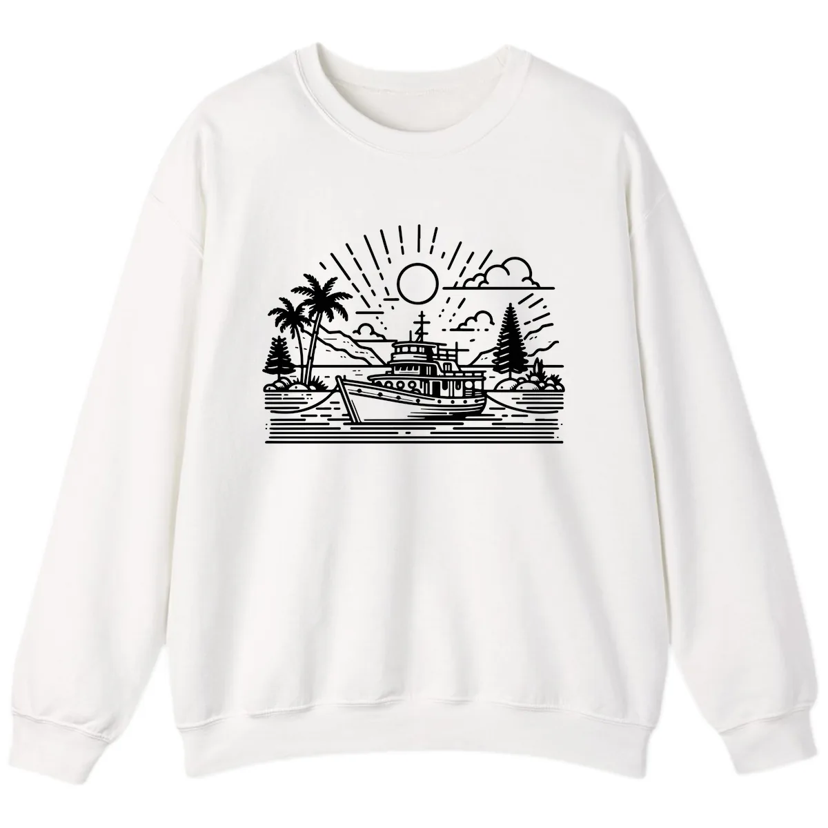 Tropical Boat Paradise Scene Sweatshirt in White
