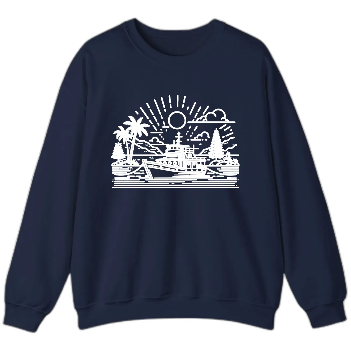 Tropical Boat Paradise Scene Sweatshirt in Navy