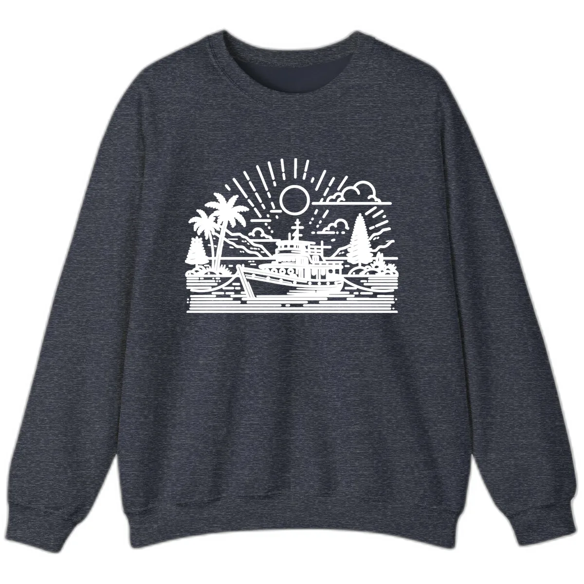 Tropical Boat Paradise Scene Sweatshirt in Heather Sport Dark Navy