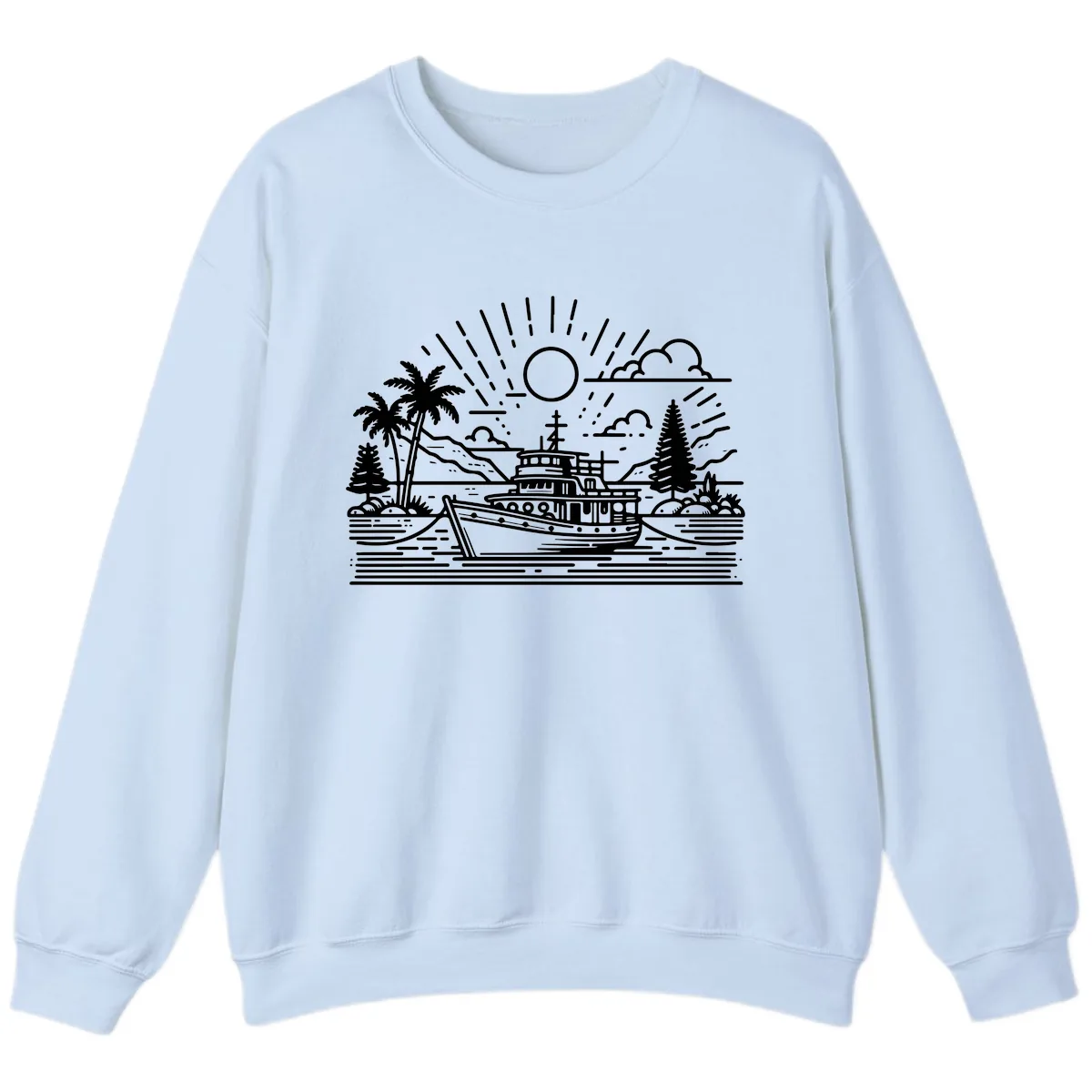 Tropical Boat Paradise Scene Sweatshirt in Light Blue