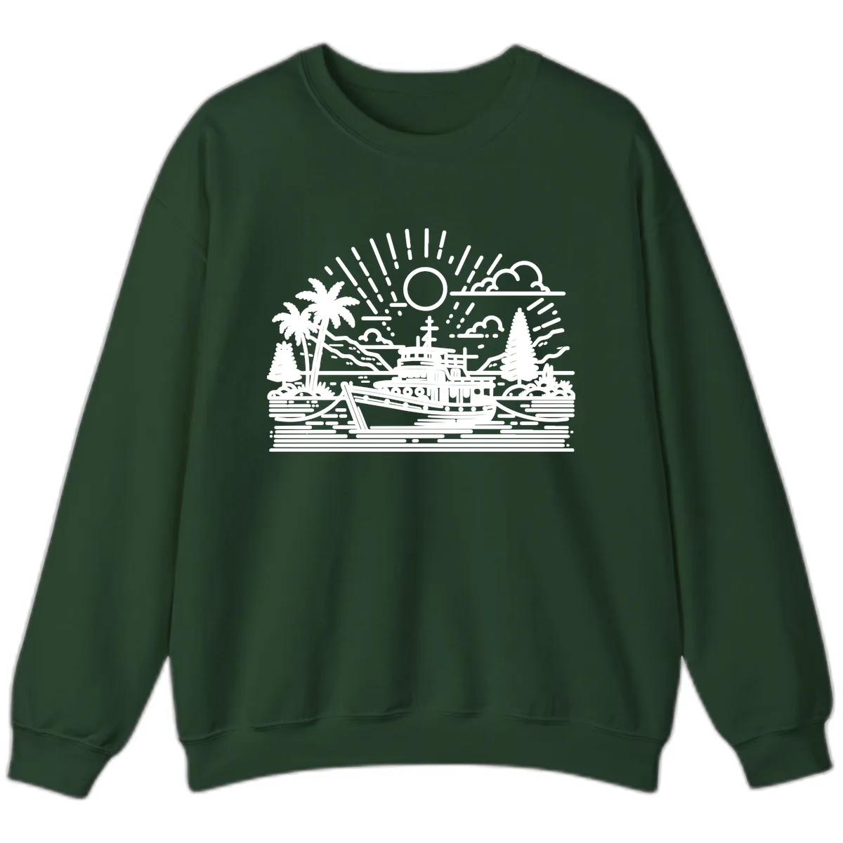 Tropical Boat Paradise Scene Sweatshirt in Forest Green
