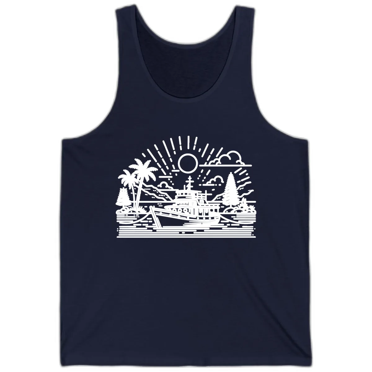 Tropical Boat Paradise Scene Tank in Navy